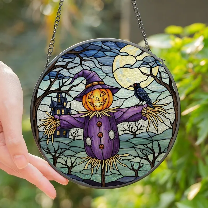 Halloween Art Lovers' Edge-to-Edge Stained Glass Whimsical Scarecrow Jack-o'-Lantern Purple Orange Haunted Landscape Stained Glass Suncatcher - 1