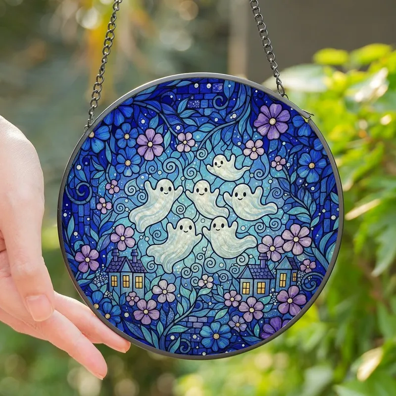 Whimsical Decor Enthusiasts' Intricate Stained Glass Glowing Ghosts Enchanted Forest Indigo Cerulean Stained Glass Suncatcher - 1