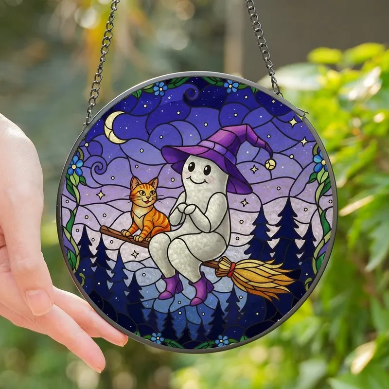 Fantasy Art Lovers' Glowing Tiffany Stained Glass Ghost Witch Cat Broom Blue Floral Indigo Night Stained Glass Suncatcher - 1