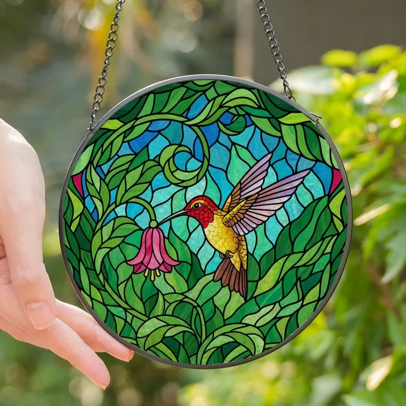 Nature Lovers' Intricate Hummingbird Pink Flower Tiffany Stained Glass Jewel Tone Mosaic Stained Glass Suncatcher - 1