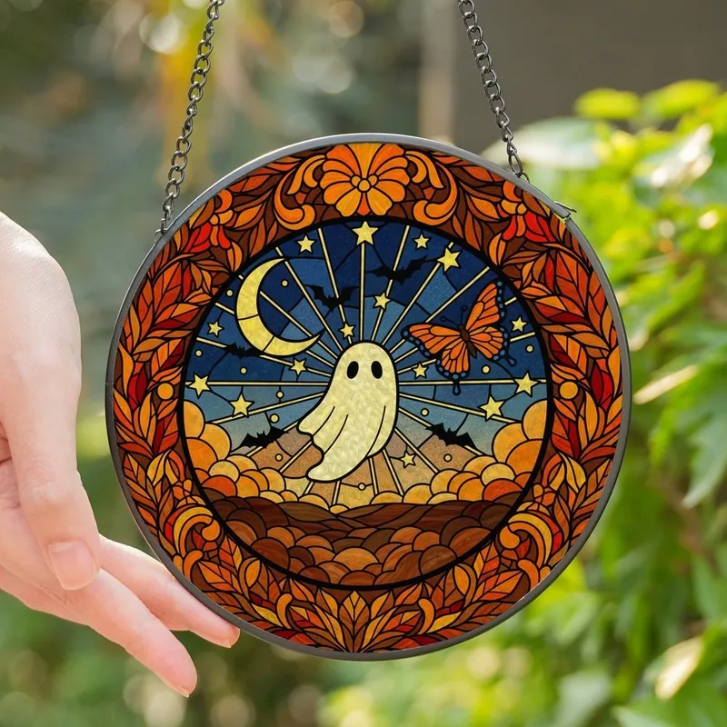 Whimsical Art Lovers' Tiffany Stained Glass Ghost Autumn Leaves Orange Amber Twilight Pattern Stained Glass Suncatcher - 1