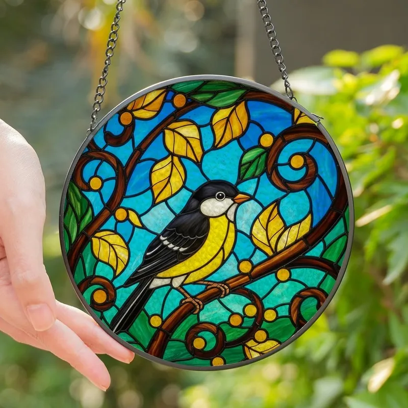 Nature Lovers' Radiant Stained Glass Bird Artwork, Tiffany Style Yellow Amber Blue Green Mosaic Pattern Stained Glass Suncatcher - 1