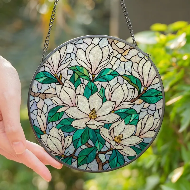 Art Lovers' Pearlescent Stained Glass Magnolia Floral Design with Teal Lavender Emerald Jewel Tones Stained Glass Suncatcher - 1