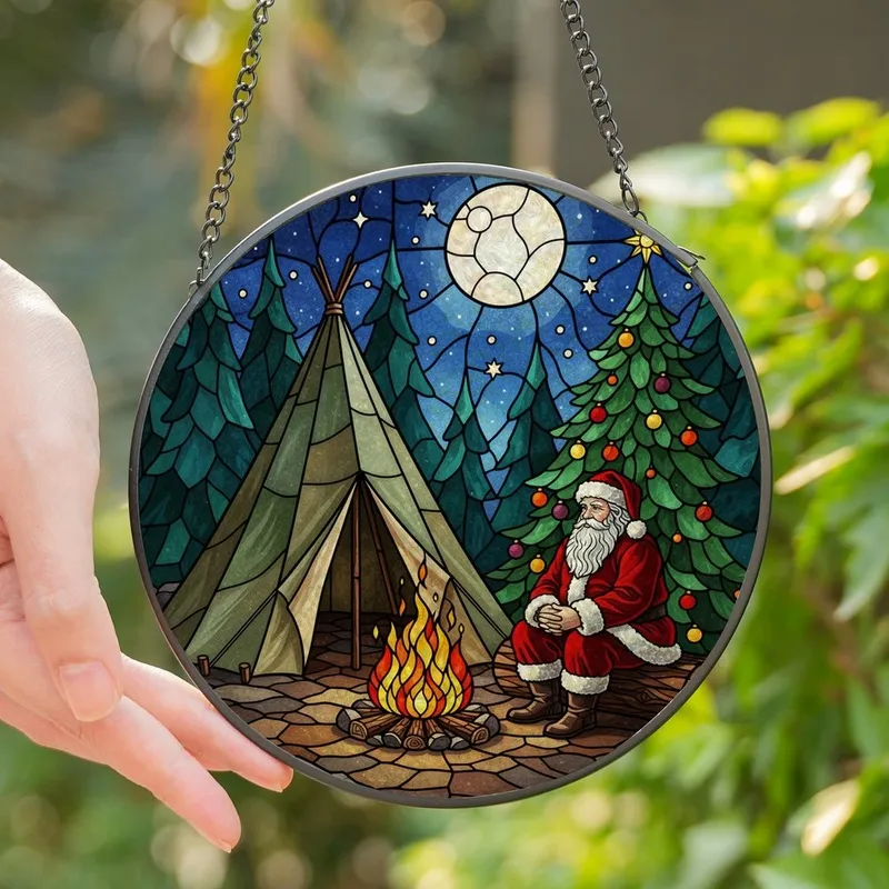 Christmas Art Lovers' Vibrant Jewel Tone Stained Glass Santa Campfire Forest Night Sky Design Stained Glass Suncatcher - 1
