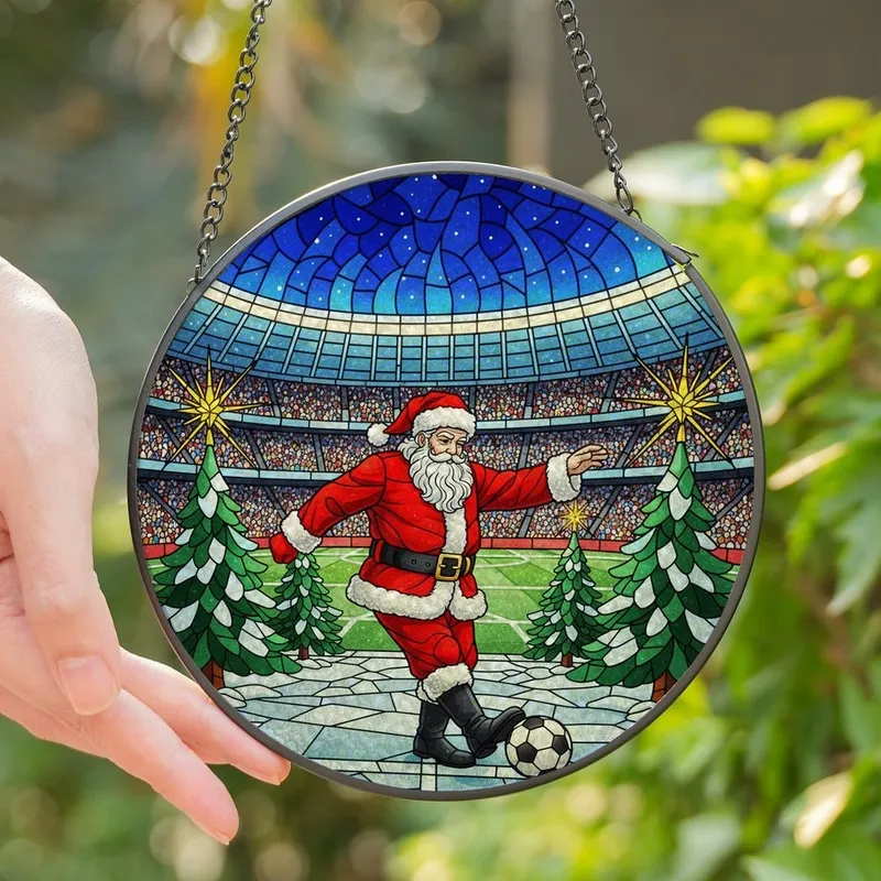 Holiday Soccer Fans' Vibrant Stained Glass Santa Kicking Ball Christmas Stadium Mosaic Art Red Blue Gold Stained Glass Suncatcher - 1