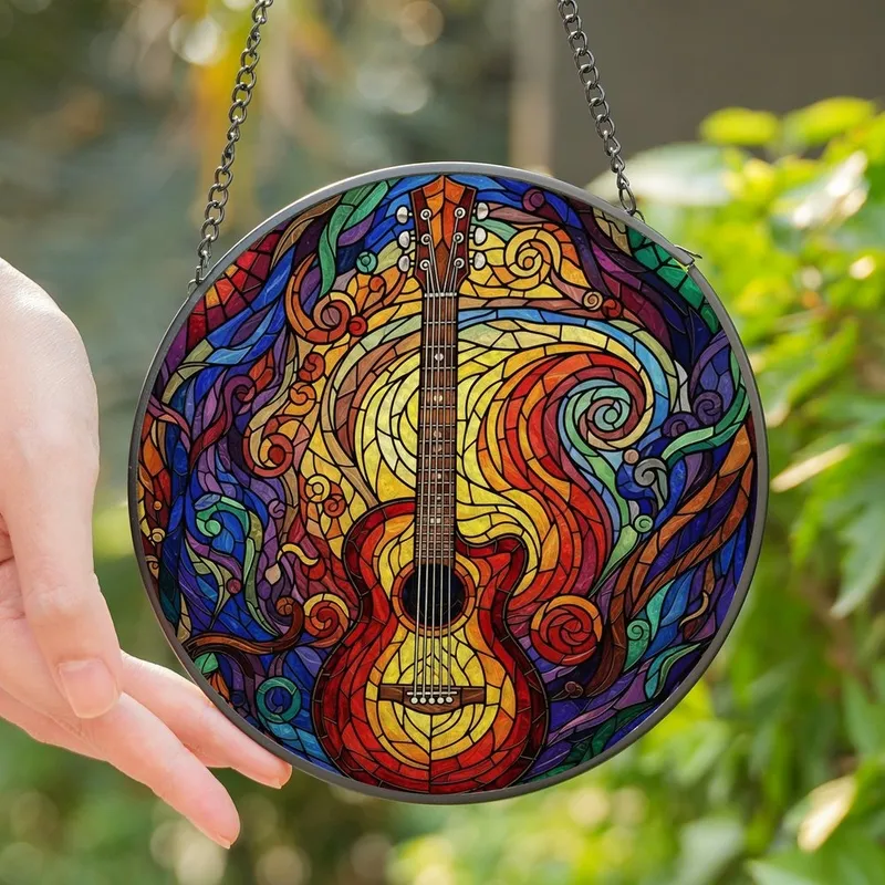 Music Lovers & Art Enthusiasts' Vibrant Stained Glass Acoustic Guitar Mosaic Artwork, Jewel Tone Abstract Patterns Stained Glass Suncatcher - 1