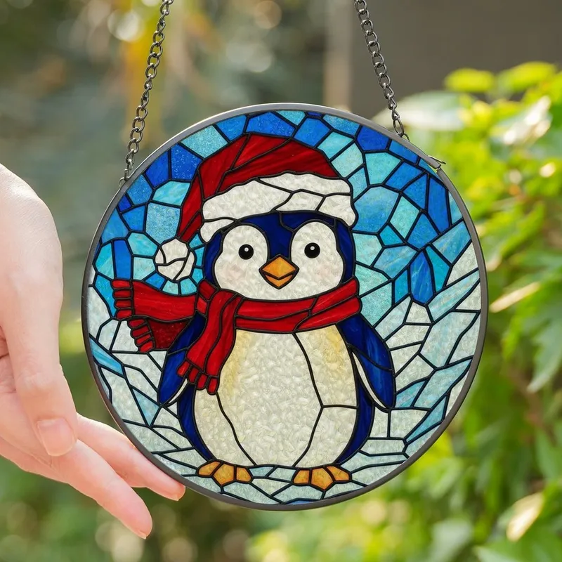 Penguin Lovers' Tiffany Stained Glass Penguin in Santa Hat Icy Blue & Red Jewel Tones Stained Glass Suncatcher - 1