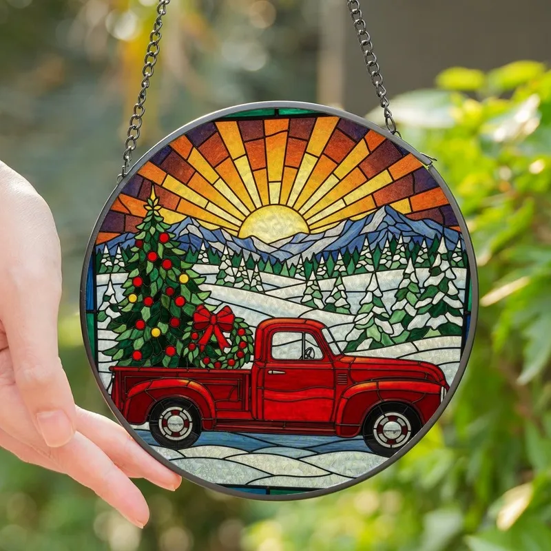 Holiday Lovers' Glowing Stained Glass Red Truck Christmas Tree Snowy Pine Mountain Art Stained Glass Suncatcher - IcfHOB-d6Z