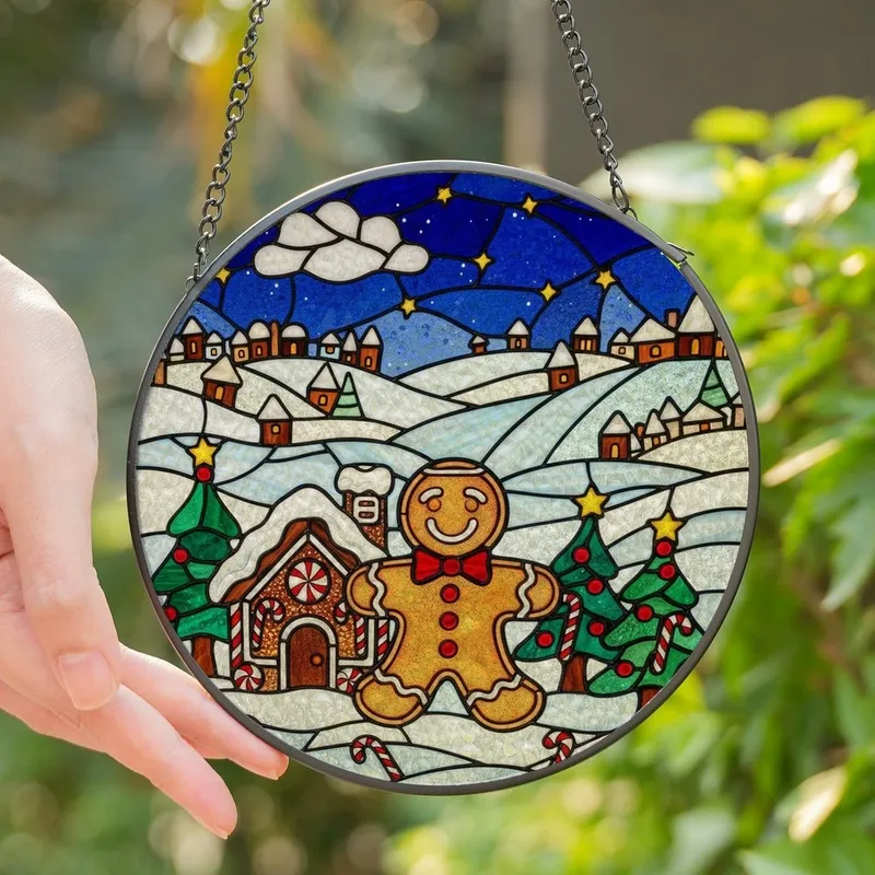 Festive Holiday Lovers' Whimsical Stained Glass Gingerbread Village Jewel Tone Art Stained Glass Suncatcher - 1