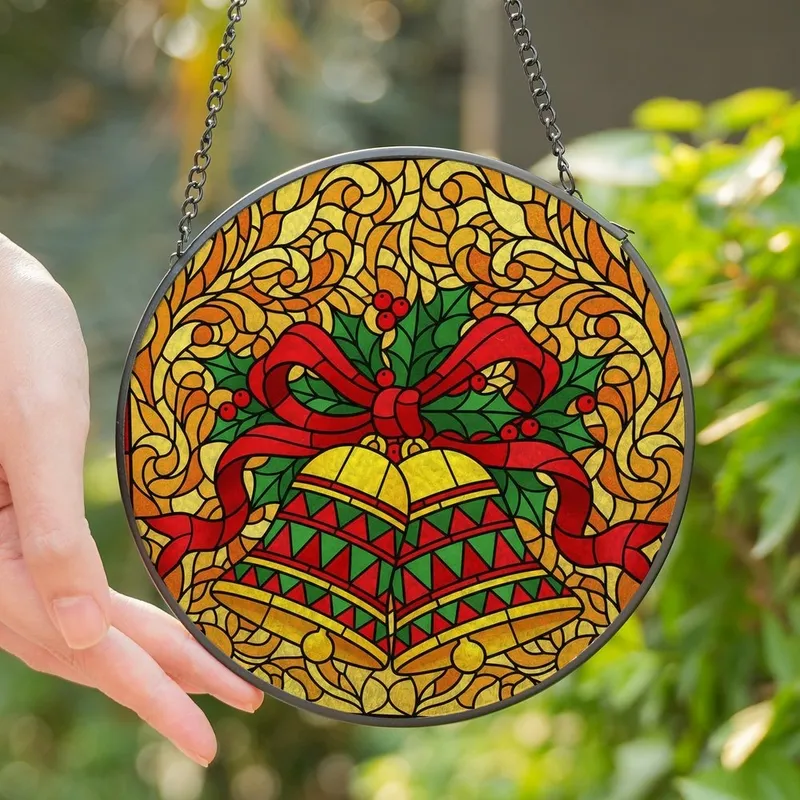 Christmas Enthusiasts' Jewel Tone Tiffany Style Stained Glass Bells & Holly Mosaic Stained Glass Suncatcher - 1