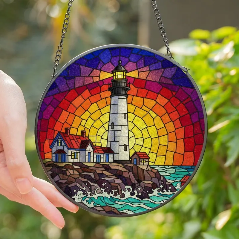 Coastal Art Lovers' Vibrant Tiffany Stained Glass Lighthouse Rocky Coast Sunset Ocean Stained Glass Suncatcher - 1