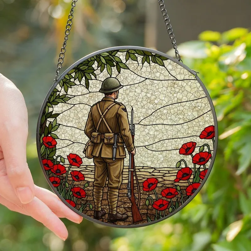 Remembrance Art Collectors' Contemplative WWI Soldier Stained Glass, Scarlet Poppies, Tiffany Mosaic Art Stained Glass Suncatcher - 1
