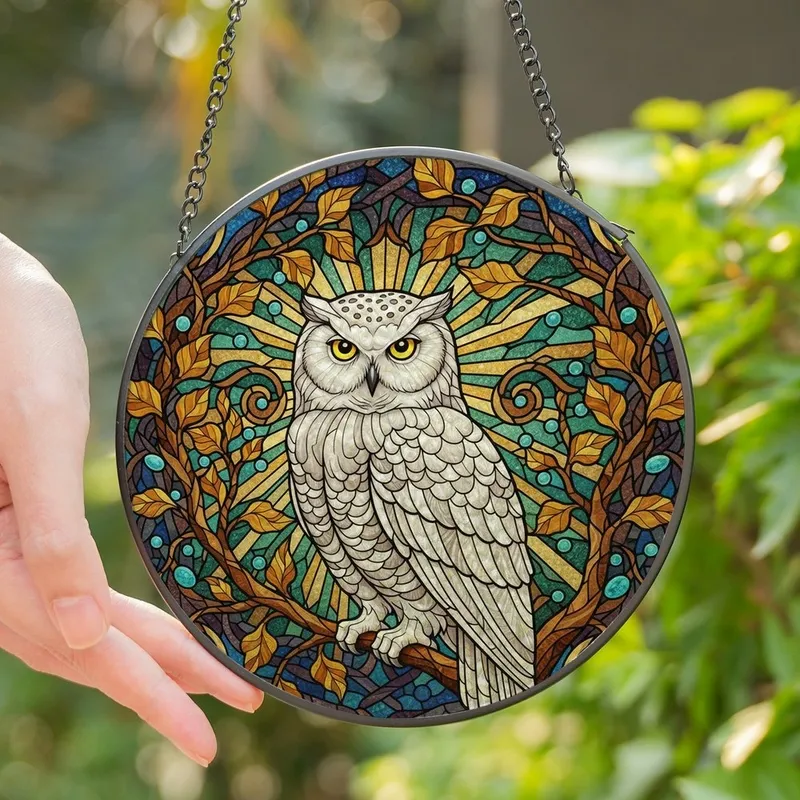 Nature & Art Lovers' Stained Glass Snowy Owl Art, Golden Autumn Leaves & Teal Geometric Mosaic Stained Glass Suncatcher - oOcFvodDgf