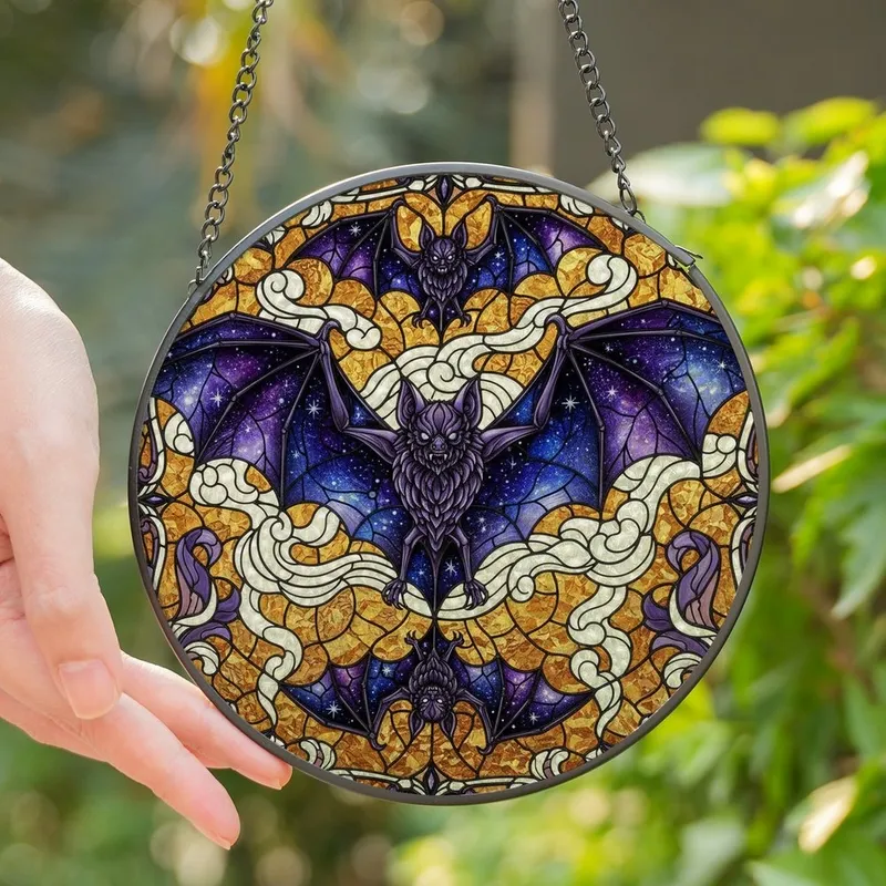 Gothic Art Enthusiasts' Intricate Tiffany Stained Glass Bat Art, Deep Violet Golden-Bronze Cosmic Filigree Pattern Stained Glass Suncatcher - 1