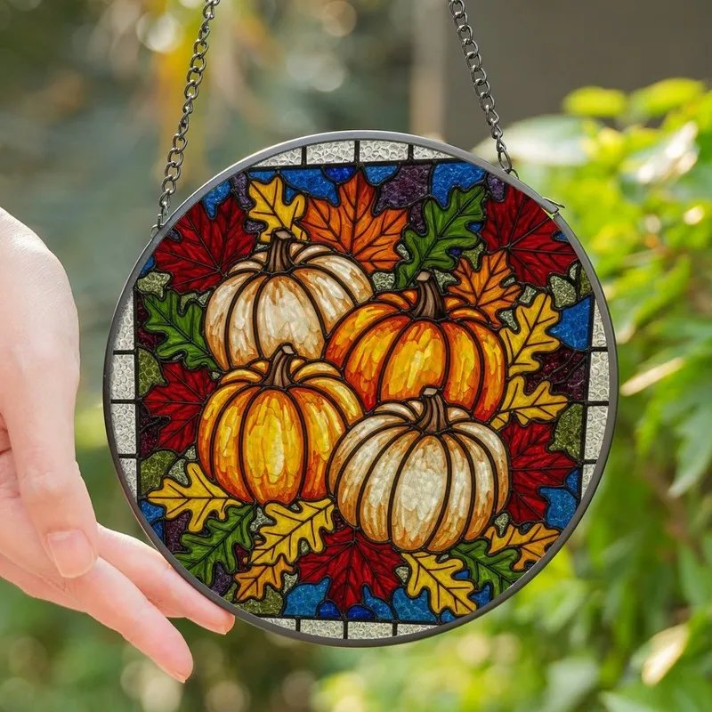 Autumn Enthusiasts' Vibrant Tiffany Style Stained Glass Pumpkins Maple Oak Leaves Mosaic Stained Glass Suncatcher - 1