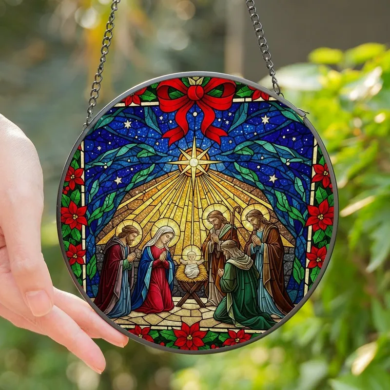 Faithful Christmas Lovers' Tiffany Stained Glass Nativity Ruby Red Poinsettia Emerald Green Mosaic Stained Glass Suncatcher - BOgVOQuqK-