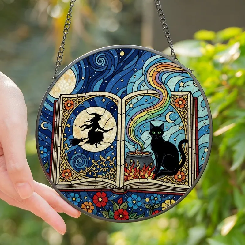 Fantasy Art Lovers' Tiffany Stained Glass Magical Spellbook Witch Cat Rainbow Cauldron Cosmic Celestial Floral Design Stained Glass Suncatcher - 1
