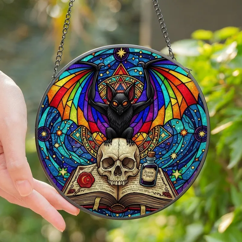 Art & Lore Enthusiasts' Tiffany Stained Glass Bat Skull Celestial Arcane Mosaic Jewel Tones Stained Glass Suncatcher - 1