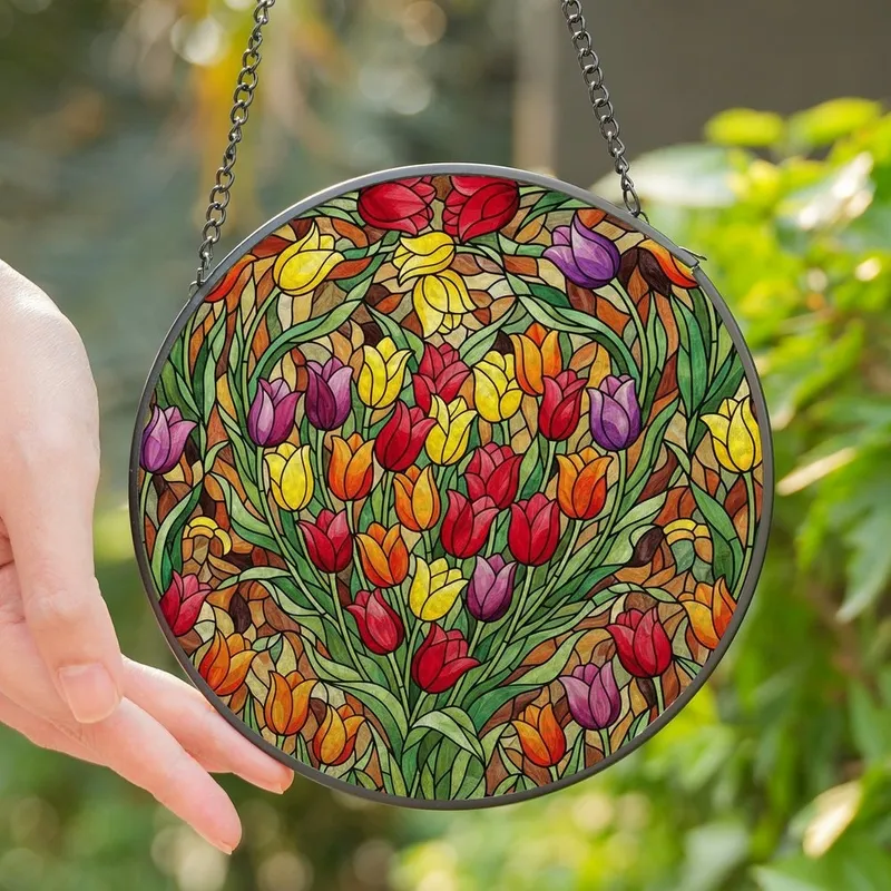 Art Lovers' Tiffany Style Stained Glass Heart Tulip Vibrant Jewel Tone Floral Tapestry Stained Glass Suncatcher - U2l_lL28JR
