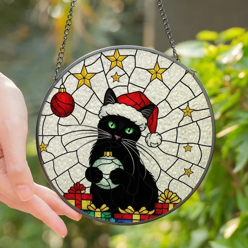 Cat Lovers' Festive Stained Glass Black Cat Santa Hat Emerald Eyes Jewel Tone Christmas Mosaic Stained Glass Suncatcher - 3v2GXovR29
