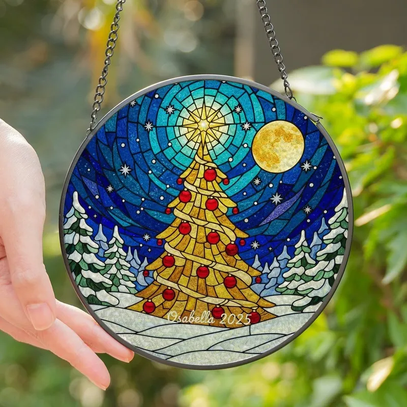 Personalized Family Christmas Stained Glass Golden Tree Winter Night Sky Jewel Tone 2025 Stained Glass Suncatcher - 6dsB7oFys8