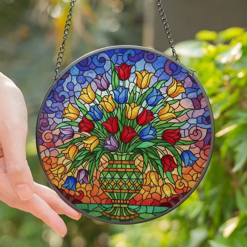 Nature Enthusiasts' Glowing Tiffany Style Stained Glass Tulips & Intricate Mosaic Garden Stained Glass Suncatcher - 7GI8tNt94D