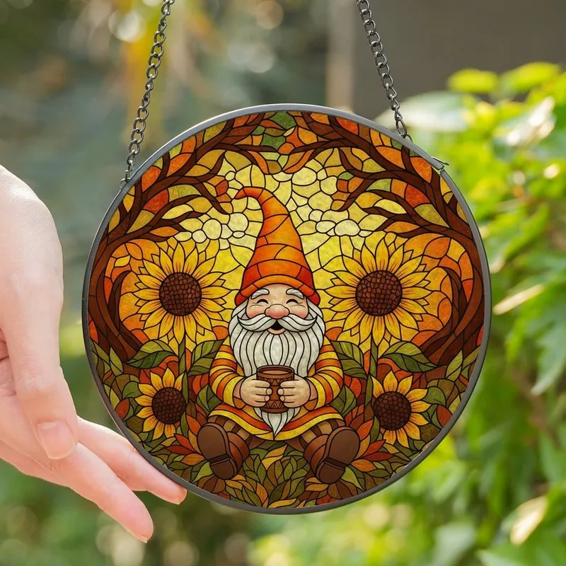 Gnome Lovers' Jewel Tone Stained Glass Gnome & Golden Sunflower Autumnal Mosaic Stained Glass Suncatcher - QagXkrrde0