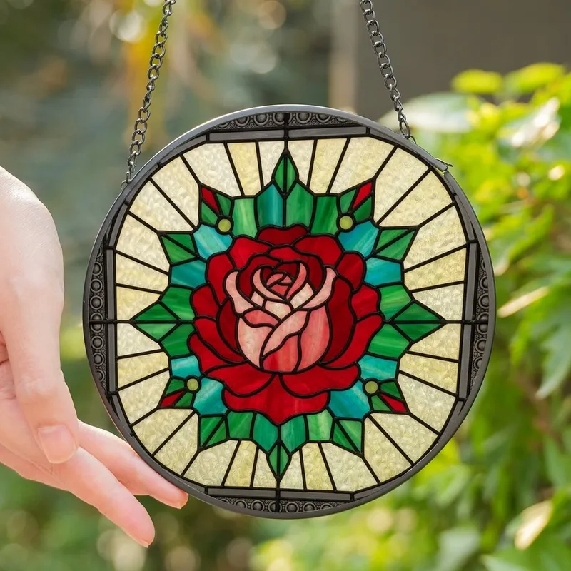 Art Lovers' Luminous Stained Glass Crimson Rose Emerald Teal Geometric Halo Design Stained Glass Suncatcher - 1