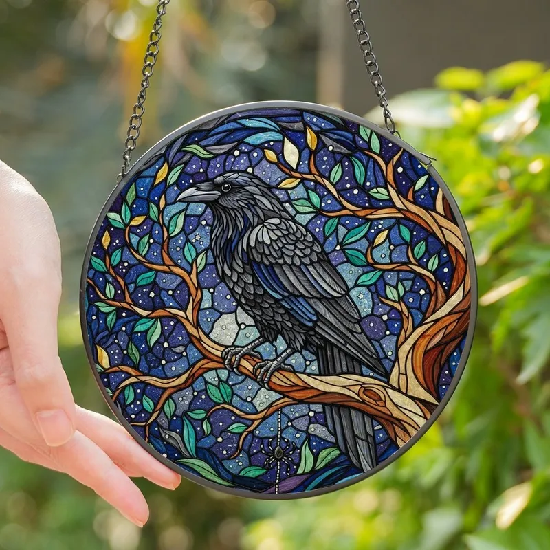 Art & Nature Lovers' Tiffany Stained Glass Raven Spider Celestial Mosaic Jewel Tones Stained Glass Suncatcher - TKb9A7DAnX