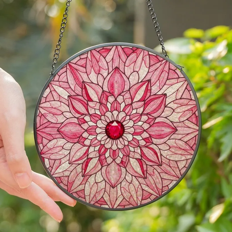 Art Lovers' Stained Glass Dahlia Jewel Tone Ruby Red Pink Intricate Floral Mosaic Stained Glass Suncatcher - 1