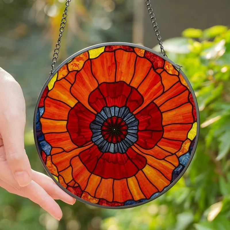 Art Lovers' Detailed Tiffany Stained Glass Poppy Bloom Red Orange Blue Mosaic Design Stained Glass Suncatcher - 1
