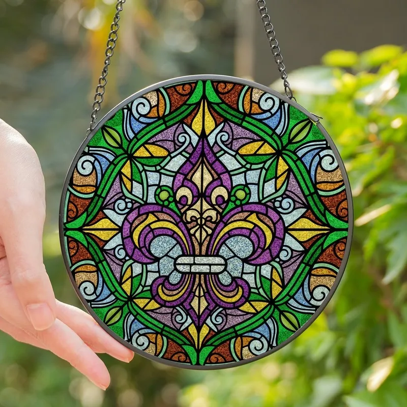 Art Lovers' Tiffany Stained Glass Fleur-de-lis Jewel Tone Intricate Geometric Mosaic Stained Glass Suncatcher - hRIjVdmInP