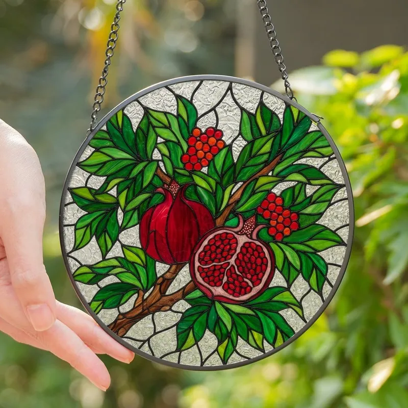 Art Enthusiasts' Jewel Tone Pomegranate Stained Glass Botanical Crimson Red Emerald Green Pattern Stained Glass Suncatcher - 1