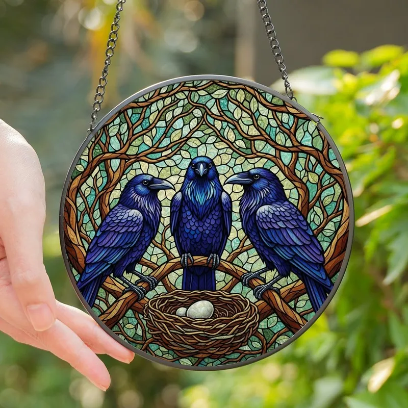 Fantasy Art Fans' Intricate Tiffany Stained Glass Indigo Violet Amber Ravens Nest Forest Mosaic Stained Glass Suncatcher - H9a0CWxIeB