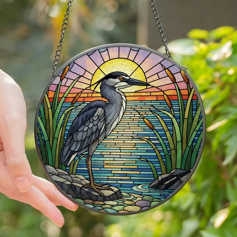 Nature Lovers' Intricate Tiffany Stained Glass Night Heron Wetland Sunset Mosaic Stained Glass Suncatcher - QX6YhR0e3W