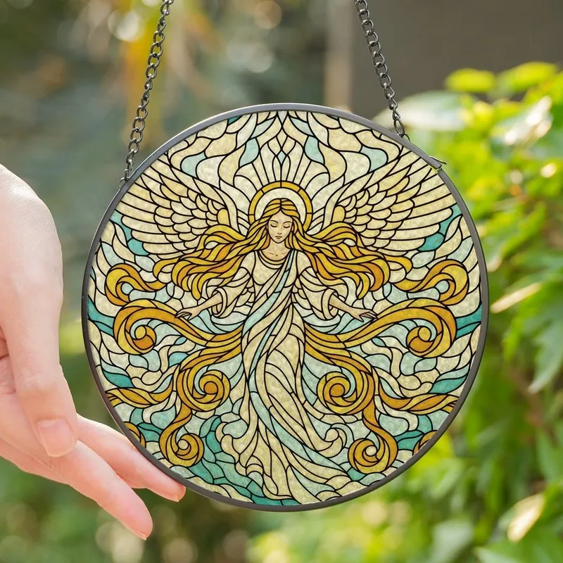 Art Enthusiasts' Tiffany Style Angel Cream Blue Teal Amber Celestial Stained Glass Mosaic Stained Glass Suncatcher - 1