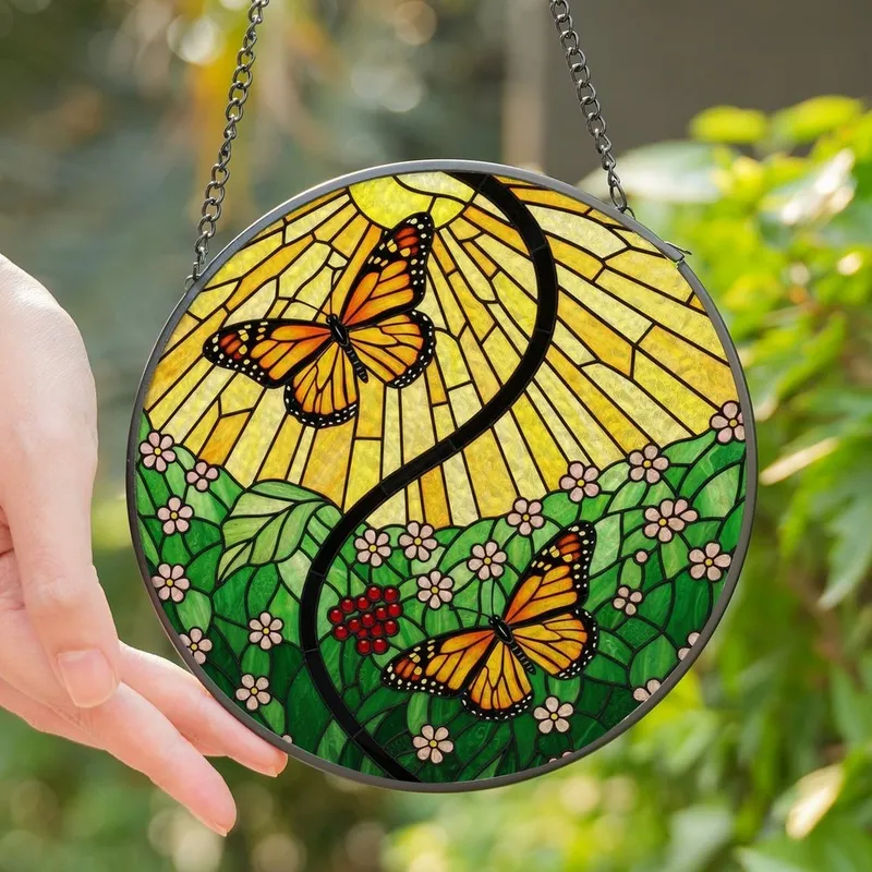Nature Lovers' Vibrant Jewel Tone Stained Glass Monarch Butterflies Vine Meadow Mosaic Art Stained Glass Suncatcher - zG3zC0BwqO