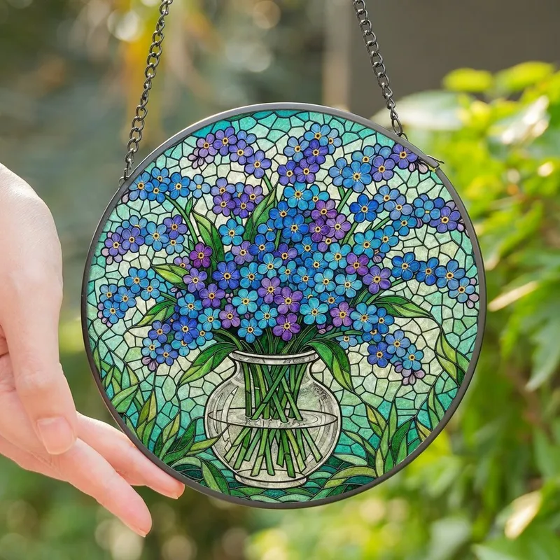 Nature Lovers' Tiffany Style Stained Glass Forget-Me-Not Floral Mosaic Vibrant Blue Purple Jewel Tones Stained Glass Suncatcher - juCh1O6_5T