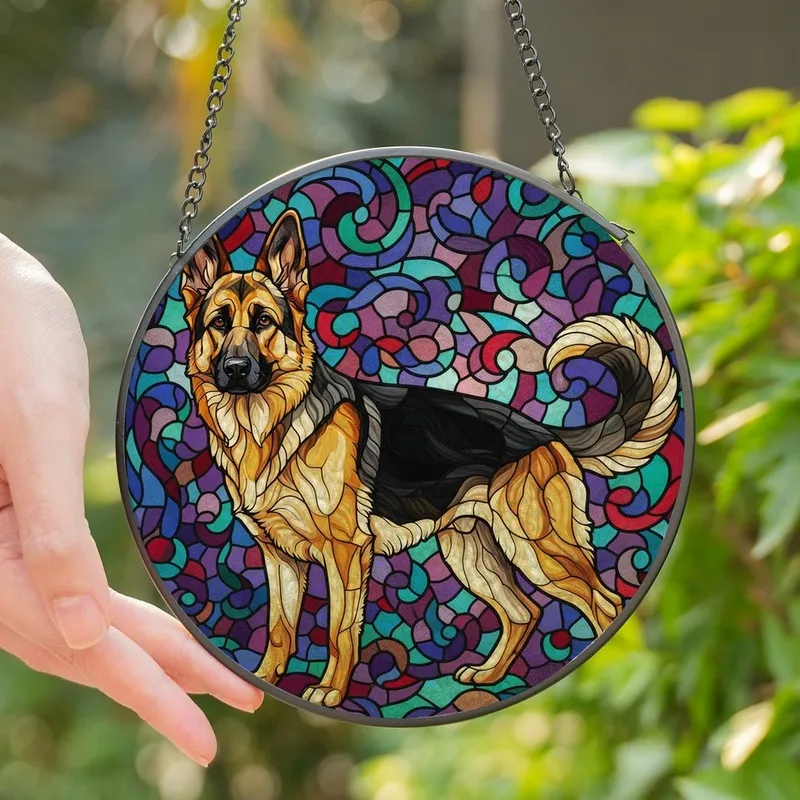 German Shepherd Lovers' Vibrant Tiffany Stained Glass Gold Tan Black Purple Teal Mosaic Canine Art Stained Glass Suncatcher - gF2e3YXbXv