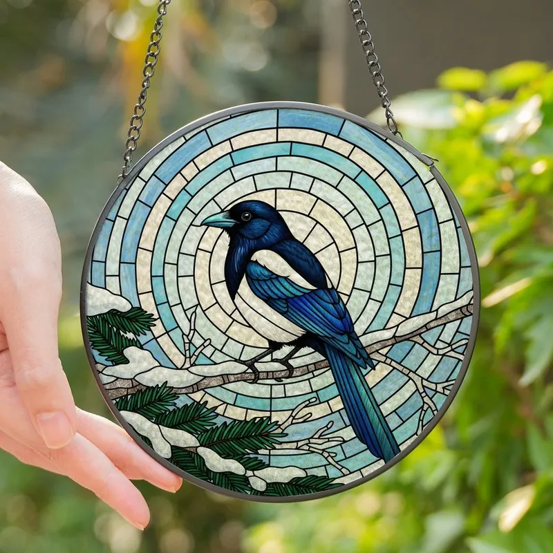 Nature Lovers' Iridescent Stained Glass Magpie Winter Teal Blue Mosaic Art Stained Glass Suncatcher - FWmHBojt4y