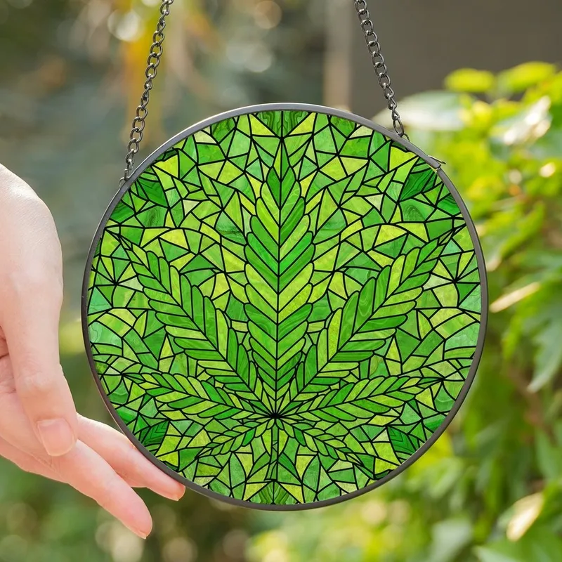 Botanical Art Lovers' Intricate Tiffany Style Emerald Green Stained Glass Botanical Leaf Mosaic Stained Glass Suncatcher - 1