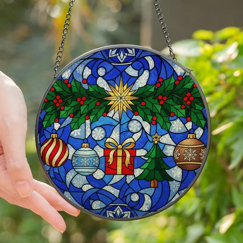 Holiday Enthusiasts' Intricate Stained Glass Christmas Garland, Ruby Emerald Golden Ornaments, Snowflakes Mosaic Stained Glass Suncatcher - 1
