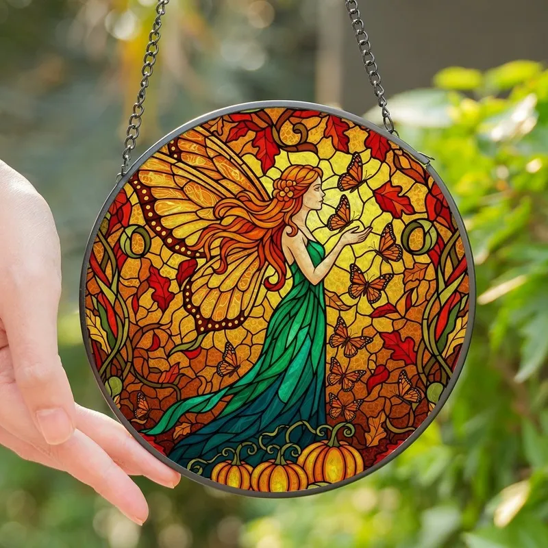 Fantasy Art Lovers' Tiffany Stained Glass Autumn Fairy Amber Wings Emerald Teal Pumpkins Stained Glass Suncatcher - 1