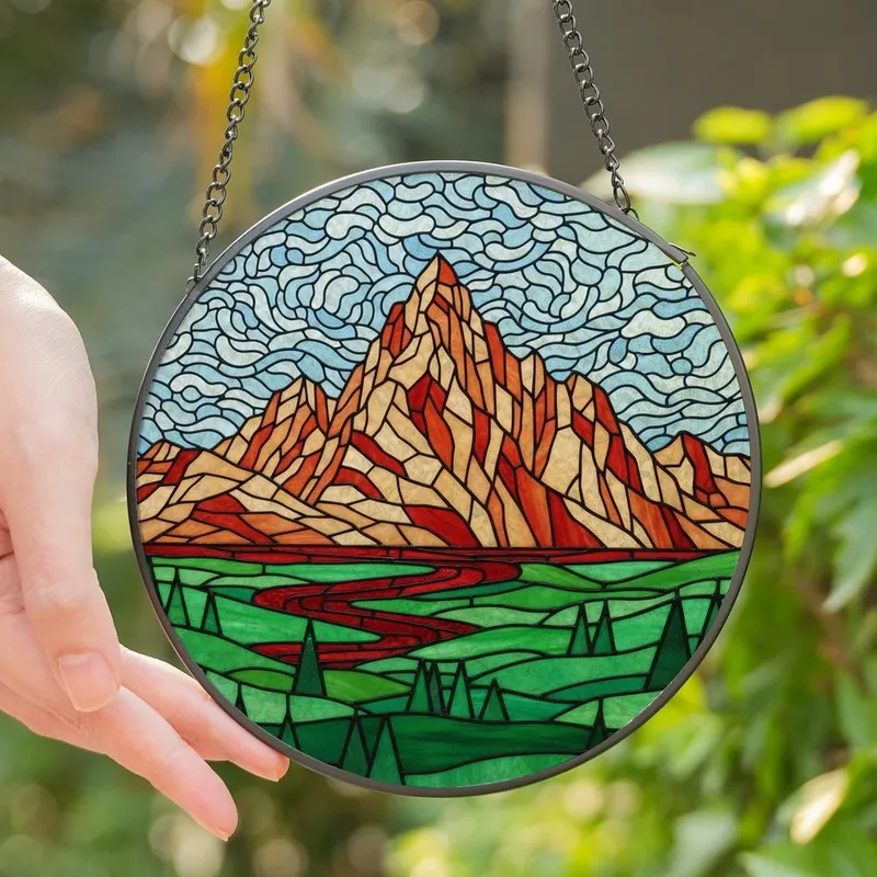 Nature Lovers' Detailed Stained Glass Mountain Landscape Emerald Green Sky Blue Terracotta Jewel Tones Stained Glass Suncatcher - 1