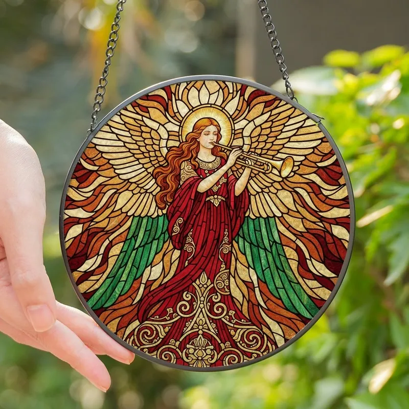 Devotional Art Lovers' Tiffany Stained Glass Angel Golden Trumpet Ornate Red Gold Emerald Celestial Mosaic Stained Glass Suncatcher - ZiYiohUv6e