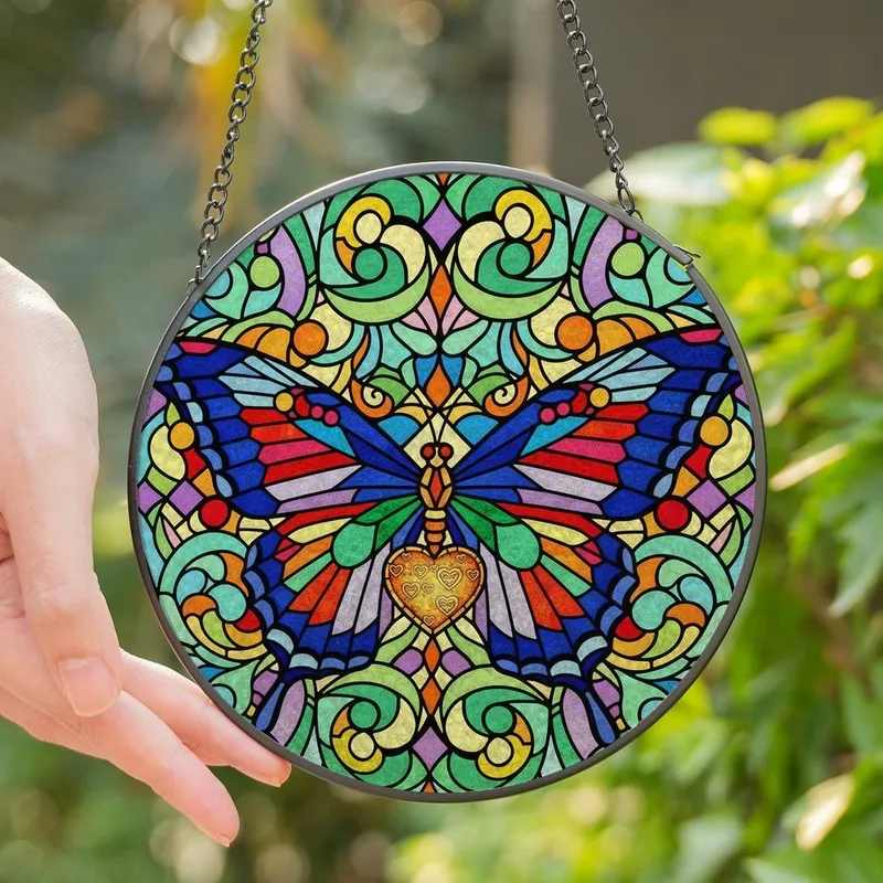 Art Lovers' Tiffany Stained Glass Butterfly Mosaic Jewel Tones, Swirling Patterns & Sentimental Heart Motif Stained Glass Suncatcher - 1