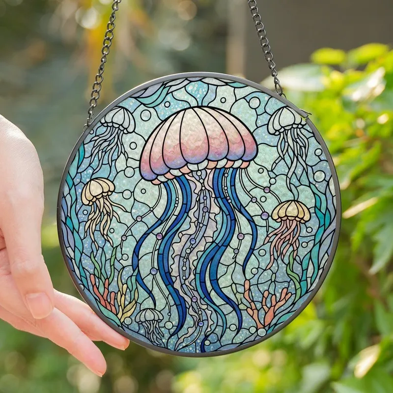Art Enthusiasts' Tiffany Stained Glass Iridescent Pink Aquamarine Jellyfish Amethyst Sapphire Ocean Mosaic Stained Glass Suncatcher - 1