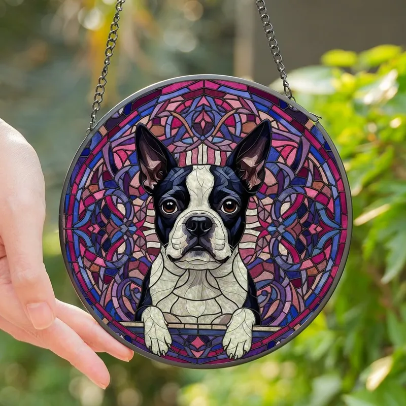 Dog Lovers' Vibrant Boston Terrier Stained Glass Art, Intricate Geometric Abstract Mosaic in Black White Indigo Pink Brown Stained Glass Suncatcher - 1