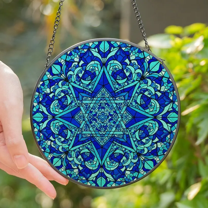 Design Enthusiasts' Intricate Tiffany Blue Geometric Interlocking Star Mosaic Stained Glass Suncatcher - 1