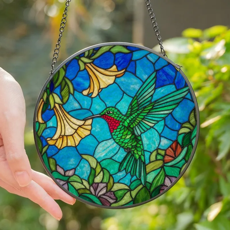 Nature Lovers' Vibrant Green Hummingbird Stained Glass Jewel Tone Floral Mosaic Stained Glass Suncatcher - iwXXte5bXC